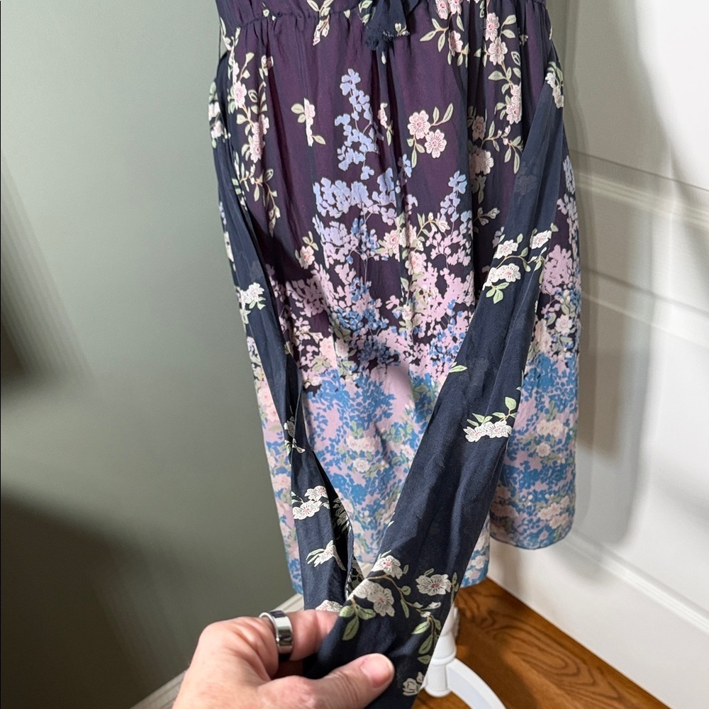 Adrianna Papell Silk Floral Ruffle Dress Size 12 Belted V-Neck Sleeveless - Picture 9 of 12